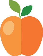 A stylized flat design illustration of a ripe orange fruit with two green leaves and a stem against a white background