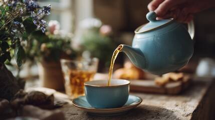 Tea is being poured from a blue teapot into a delicate cup surrounded by snacks and flowers in a cozy setting