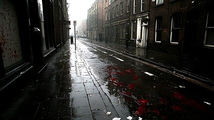 Messy urban canal lined with vivid red tomato pulp and juice after lively altercation, wet stones glistening with fresh stains
