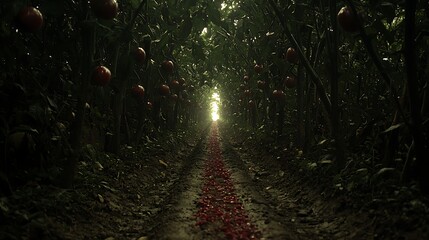 Moody afternoon light casting glow on drainage ditch streaked with rich red tomato pulp, wet ground textures enhanced