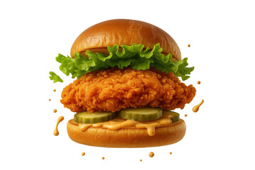 Delicious crispy chicken burger with lettuce isolated on transparent background