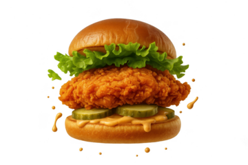 Delicious crispy chicken burger with lettuce isolated on transparent background
