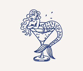 Whimsical line art mermaid lounging in a cocktail glass, showcasing flowing hair and fish tail hand drawn. Playful design combines fantasy with unique drink presentation. Vector outline illustration