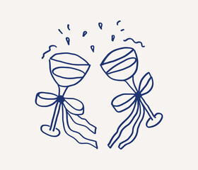Whimsical hand drawn line art of two decorative glasses are positioned closely, clinking together in celebration. Wedding decor for invitation card template. Vector outline illustration