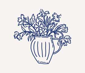 Whimsical hand drawn line art vase with delicate flowers. Floral arrangement features various blooms. Wedding decor. Vector outline illustration