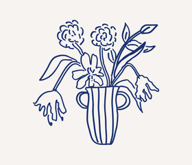Whimsical hand drawn line art of decorative vase with arrangement of flowers. Different floral shapes and leaves. Wedding invitation decor. Vector outline illustration