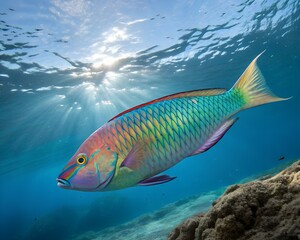 Naklejka premium Male Fish with Stunning Colors Swimming in Calm Ocean Waters