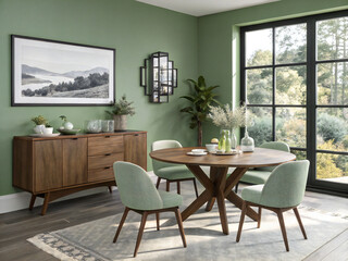 Fototapeta premium Mid-century modern dining room with green walls, round walnut table, mint upholstered chairs, wood sideboard, indoor plants, large windows, and natural light