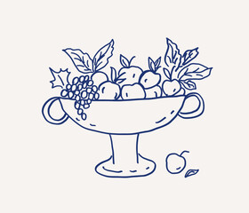 Whimsical hand drawn line art vase with assortment of fresh fruits, including apples and grapes, surrounded by vibrant green leaves. Vector outline illustration
