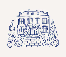 Whimsical hand drawn line art of charming wedding mediterranean house. Villa residence are neatly trimmed trees and a stone pathway. Vector outline illustration
