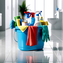 bucket of cleaning supplies