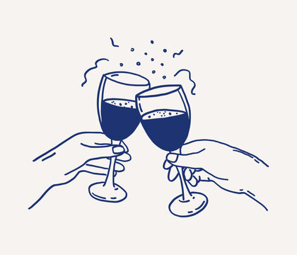 Whimsical hand drawn line art of two hands holding elegant glassware filled with cocktails clinking together in joyful toast. Wedding decor festive occasion. Vector outline illustration