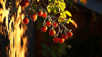 Golden hour light casting warm glow on old metal wall marked with fresh and dried tomato splatter patterns and rust spots