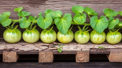Green tomato vines creeping through damaged flooring of a festival stage, showing decay alongside fresh plant growth