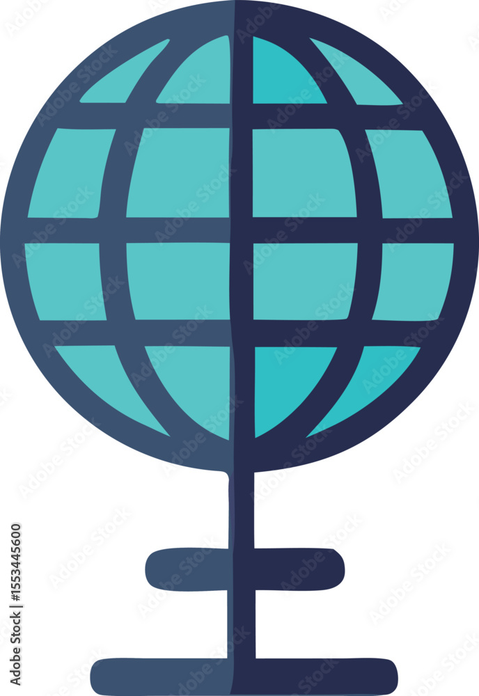 Poster stylized globe icon with a simple stem and base rendered in shades of teal and dark blue with a text