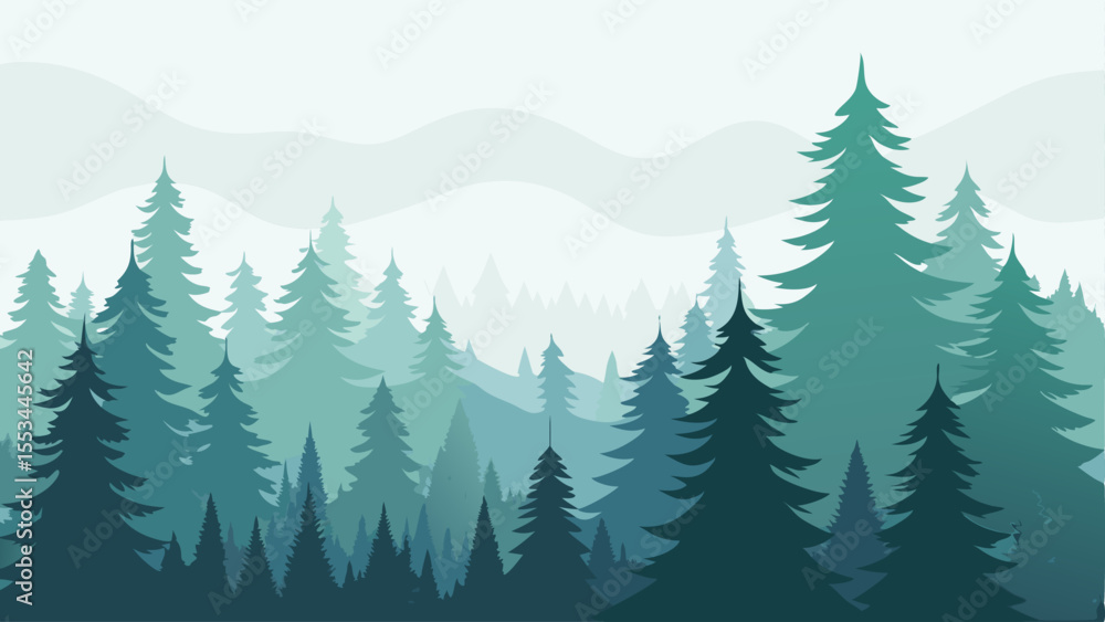 Wall mural layers of tall pine trees fading into the mist with soft gradients and diffused light on white backg