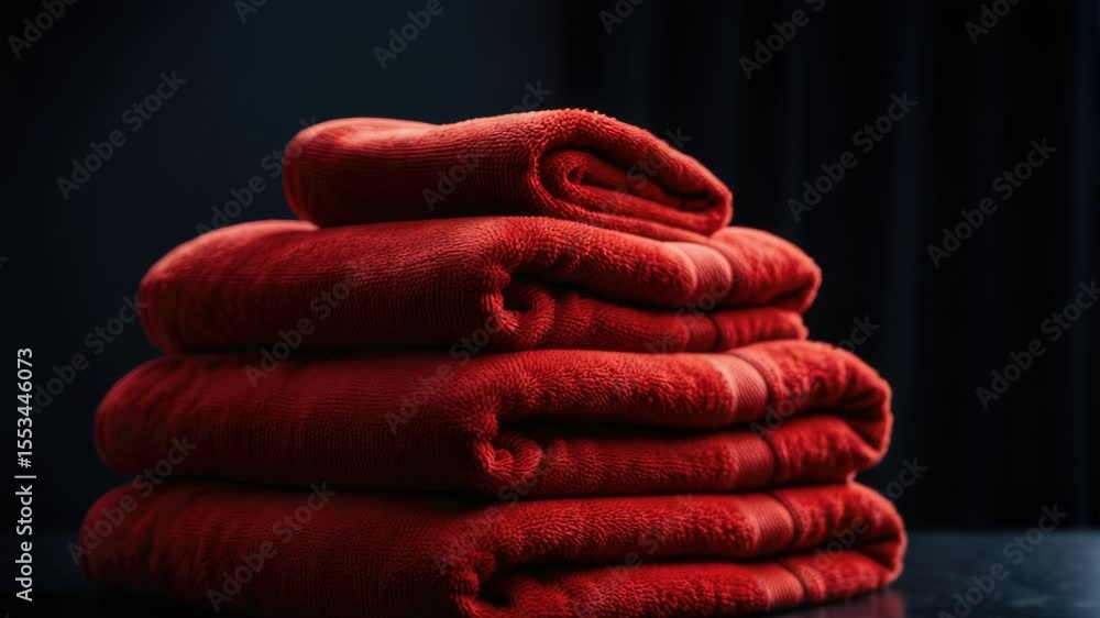 Poster a collection of red towels stacked on a table, ready for use