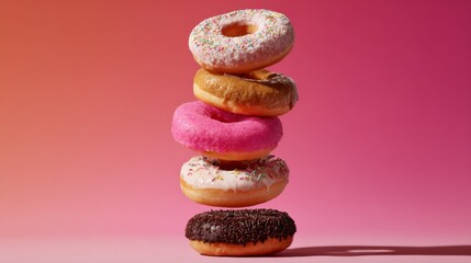 A creative image of donuts being stacked in a fun, artistic arrangement, with a focus on the vibrant colors and textures of the different donut varieties.