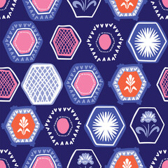 Hexagonal tiles with stylized floral patterns and geometric elements creating seamless vector design on deep blue background