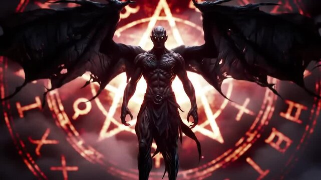 A black-robed demonic figure with a pentagram background