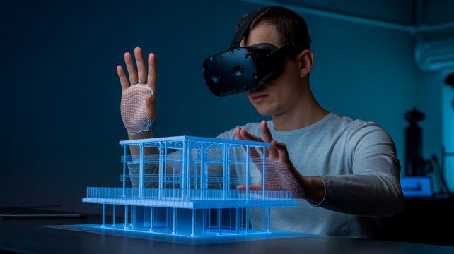 Man uses virtual reality headset to view and interact with a 3d architectural model