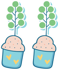 Two adorable cartoon cupcake plants with green circular leaves and blue pots adorned with yellow hearts perfect for spring or garden themes