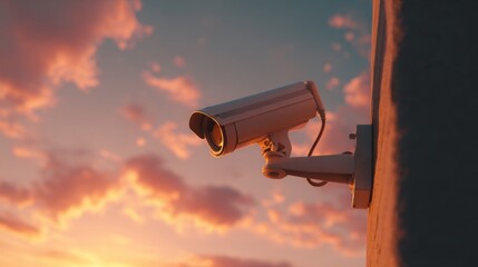 A creative shot of a CCTV camera mounted on a pole against a sunset backdrop, with warm colors contrasting the sleek design of the camera.