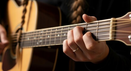Fototapeta premium Close-up of Woman's Hands Playing Acoustic Guitar