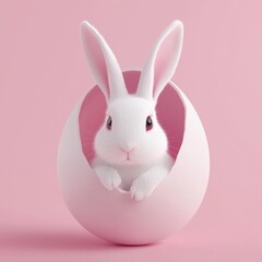 Obraz premium Cute White Rabbit Peeking Out from Pink Egg Shell in Soft Setting