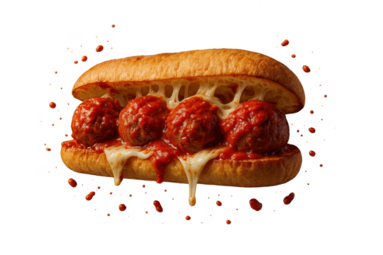 Delicious meatball sub sandwich isolated on transparent background, full view