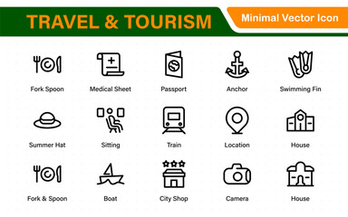 Travel outline icons set. Travel, hotel, holiday, tourism, beach, plane, map, agent and insurance. Booking, reservation, room, airport, accommodation.