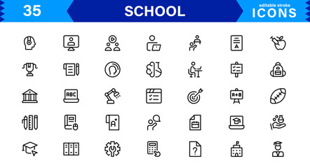 School Icon Set Representing Education, Classroom, Teacher, Student, and Learning in a Simple, Professional, and Marketable Vector Style
