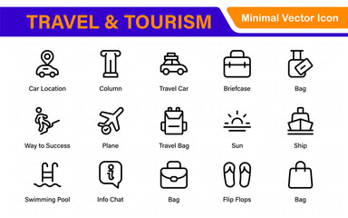 Travel outline icons set. Travel, hotel, holiday, tourism, beach, plane, map, agent and insurance. Booking, reservation, room, airport, accommodation.