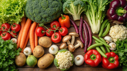 Fresh vegetables including broccoli, carrots, tomatoes, and peppers arranged beautifully wooden surface, showcasing vibrant colors and healthy