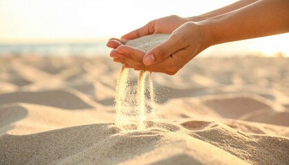 Hands Pouring Sand On Beach At Sunset