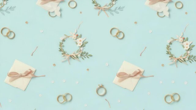 Wedding-themed pattern with rings, envelopes, and floral decorations