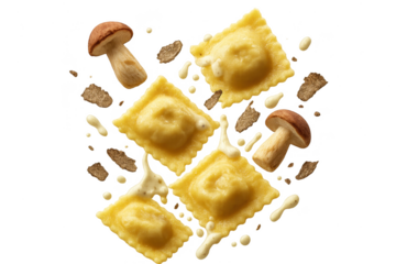 Delicious ravioli with mushrooms isolated on transparent background, fresh food