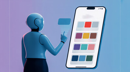 Robot interacting with a smartphone interface with a colorful app menu