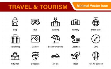 Travel outline icons set. Travel, hotel, holiday, tourism, beach, plane, map, agent and insurance. Booking, reservation, room, airport, accommodation.