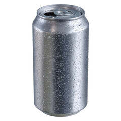 A refreshing cold aluminum beverage can covered in water droplets isolated on transparent background