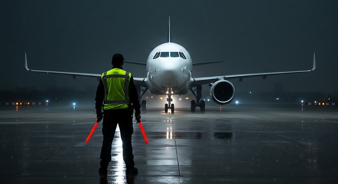 Nighttime Aircraft Guidance Airfield Ground Crew Directing Airplane on Rainy Runway