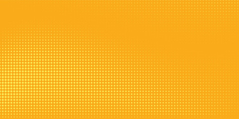Yellow orange halftone pattern. Retro comic gradient background. Square pixilated dot cartoon texture. Pop art faded gradient pattern. Eps 10.
