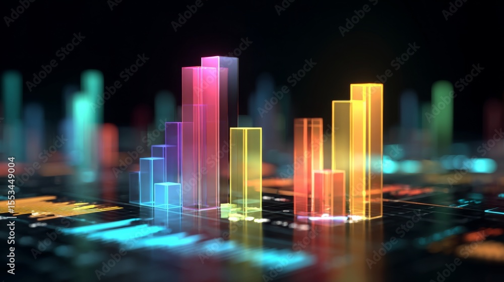 Aufkleber A dynamic D bar chart with translucent bars in different heights, hovering over a futuristic financial dashboard with glowing elements
