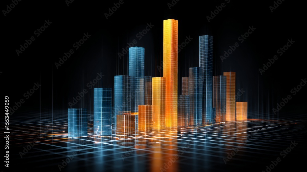 Poster a dynamic bar graph with tall, shiny bars in blue and orange, standing on a reflective grid, symboli