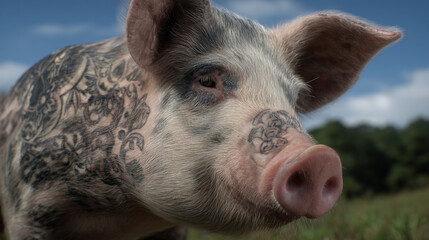A pig with tattoo.