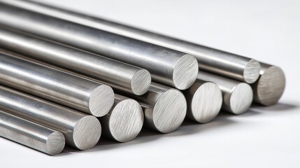 Close-up of polished round steel bars with smooth surfaces and rounded ends, arranged systematically on a white background to highlight reflections and size variations