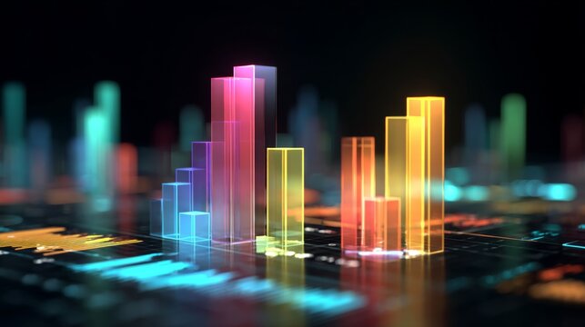 A dynamic D bar chart with translucent bars in different heights, hovering over a futuristic financial dashboard with glowing elements