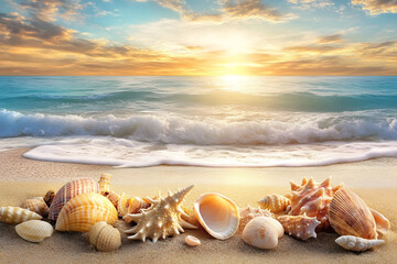 a beach with shells and a sunset in the background