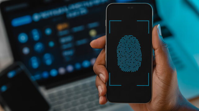 Fingerprint scan on smartphone with laptop in background for digital security