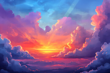 a painting of a sunset with clouds and a plane